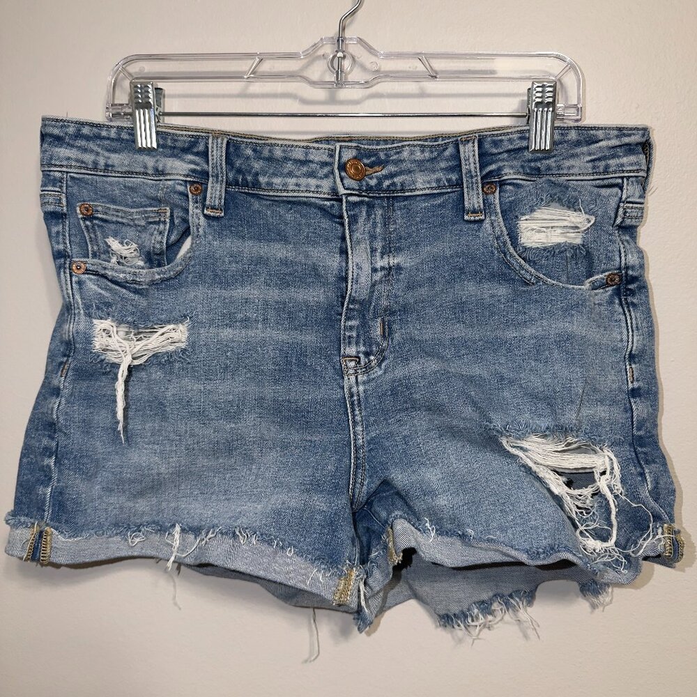 American Eagle Hi Rise Shortie Shorts Size 16 Distressed Denim Blue - Picture 2 of 6